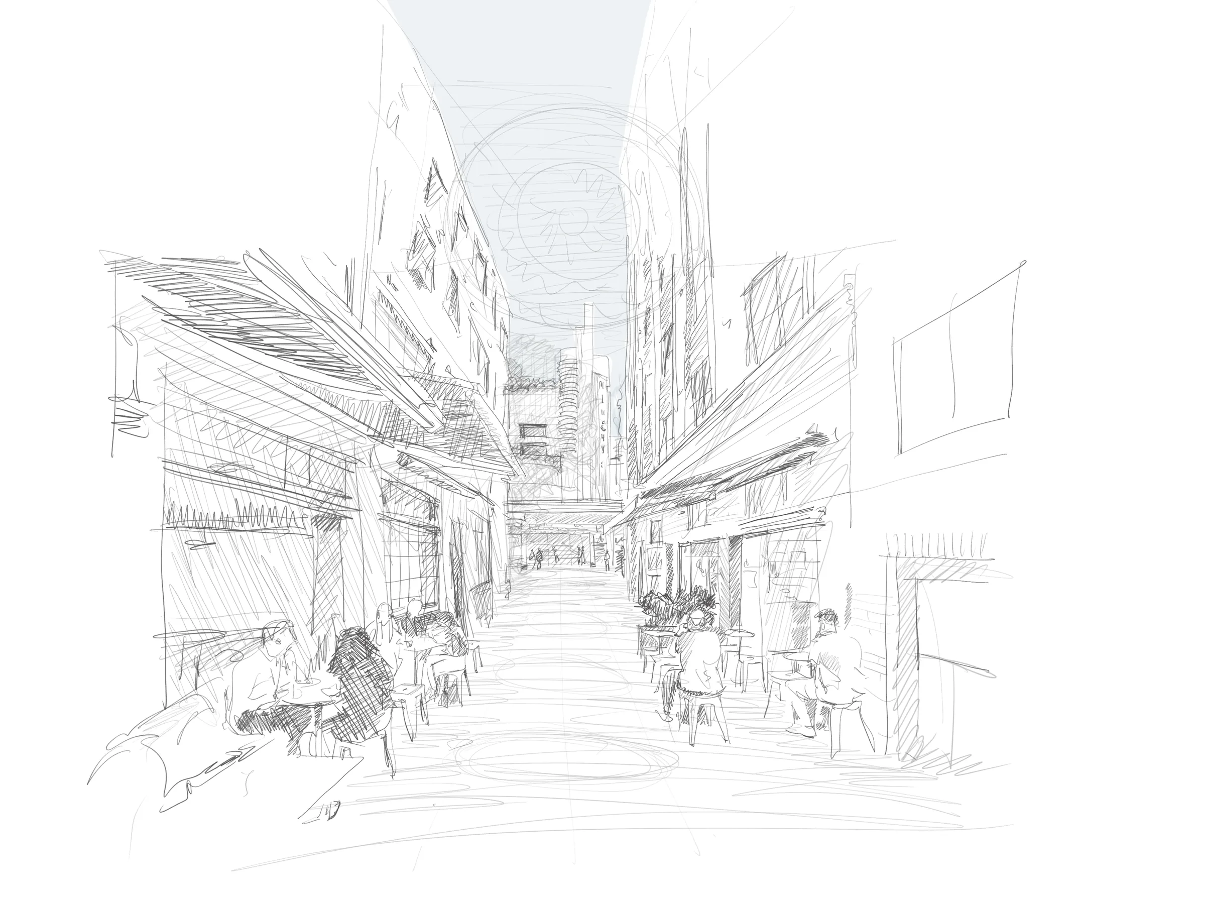 Concept sketch of Llankelly Place, cafe tables and people along the laneway